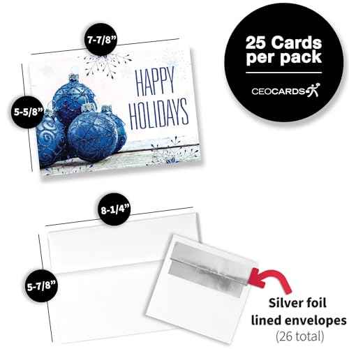 Happy Holidays Cards for Business & Family (Blue Ornaments & Snowflakes) Bulk Greeting Card Set Pack of 25 Christmas Cards with Envelopes (5-5/8 x 7-7/8 inch) Office, Work, Employees & Clients H1712