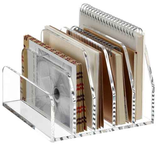 SANRUI Acrylic Desk File Organizer Holder for Desk, Clear Laddered 5 Upright Compartments Mail Sorters, Multifunction Desktop Envelope Folder Racks Document Holders for Office, Home, School