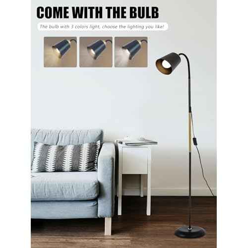 AoMck Floor Lamp, Industrial Metal Floor Lamps for Living Room with Adjustable Gooseneck Bendable 2 in 1 Reading Table Lamps for Living Room Bedroom Office (Black)