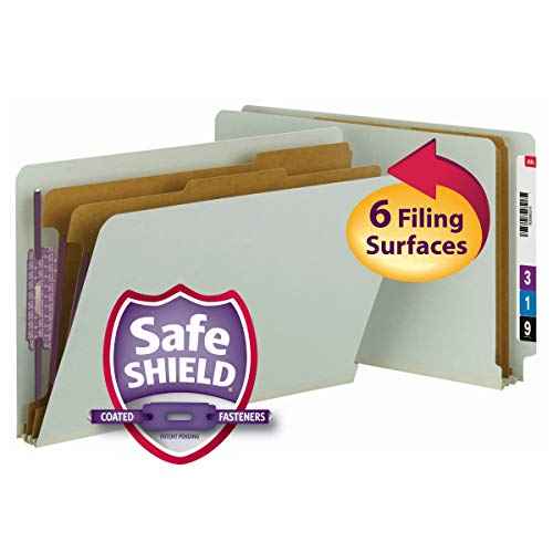 Smead 100% Recycled End Tab Pressboard Classification File Folder with SafeSHIELD Fasteners, 2 Dividers, 2" Expansion, Legal Size, Gray/Green, 10 per Box (29810)