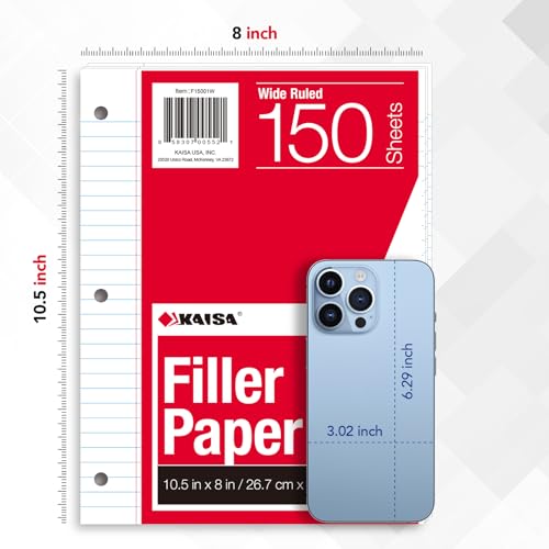 KAISA Wide Ruled Loose Leaf Binder Paper 3-Pack, 150 Sheets Each, 8x10.5in, 3-Hole Punched - US Made