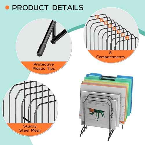 Incline Sorter Desk File Organizer, Metal Desk Magazine Folder Holder with 8-Section Vertical Compartments Rack File Organizer for Office, Home, School (Black, 4Pack)