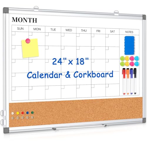 WALGLASS 24x18 Inch Dry Erase Calendar Whiteboard with Cork Strip, Wall Mountable, 3-in-1 Magnetic White & Cork Board, Includes Markers & Accessories