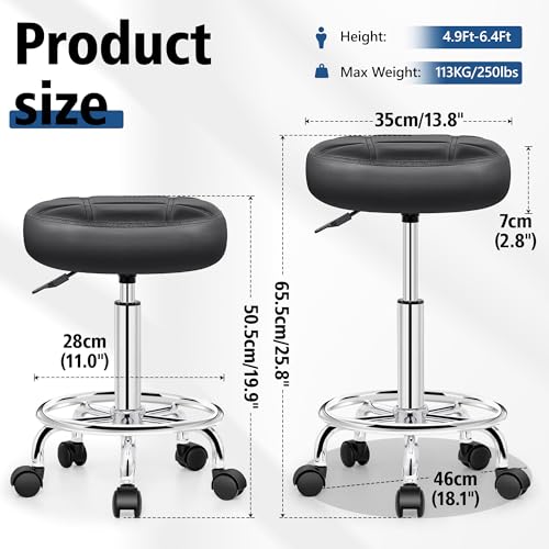 Brick Attic Black Rolling Stool with Wheels - PU Leather, Height Adjustable 19.9-25.8 in, 360° Swivel | Spa/Salon Office Chair