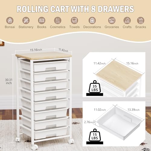 Neatevday White Rolling Cart with 8 Drawers, Wooden Top & Lockable Wheels