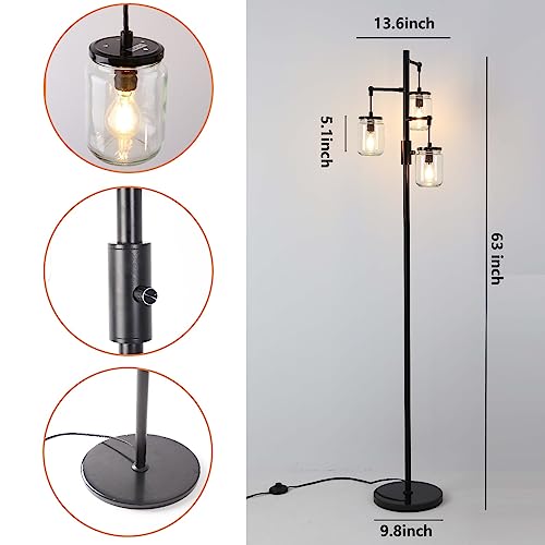 Dimmable Floor Lamp,Industrial Floor Lamp,Black Tree Lamp Standing Lamp Tall Lamps with 3 Elegant Glass Lampshades & 800 Lumens LED Bulbs for Living Room Bedroom Office (Black-A-Style)