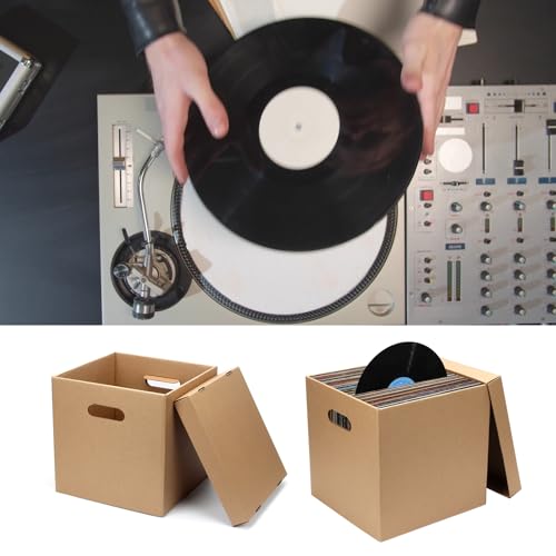 5 Pcs 12'' Cardboard Vinyl Record Storage Box, Moving Box with Double Thickness Handles and Lids Record Album Storage Crate, Cardboard Crate for Album Vinyl Storage