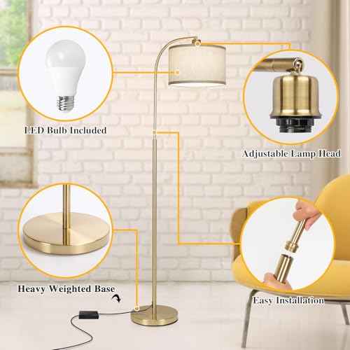 Boncoo LED Floor Lamp Fully Dimmable Modern Standing Lamp Arc Floor Lamp with Adjustable Drum Shade, Tall Pole Reading Lamp Light for Living Room Bedroom Study Room, Bulb Included