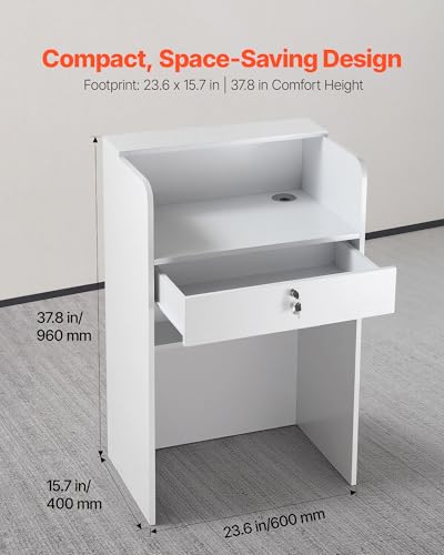 White Reception Desk with Lockable Drawer - Modern Office Counter Table 23.6"