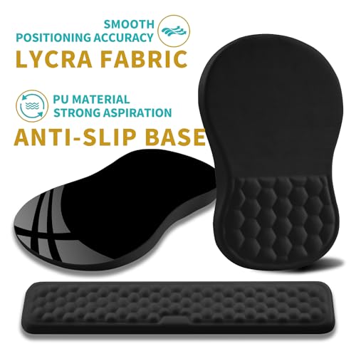 Hokafenle 2 in 1 Ergonomic Mouse Pad Wrist Support & Wrist Rest for Computer Keyboard Set, with Relieve Carpal Tunnel Pain Massage Bulge and Full Memory Gel Design (2In1 Set, Black)