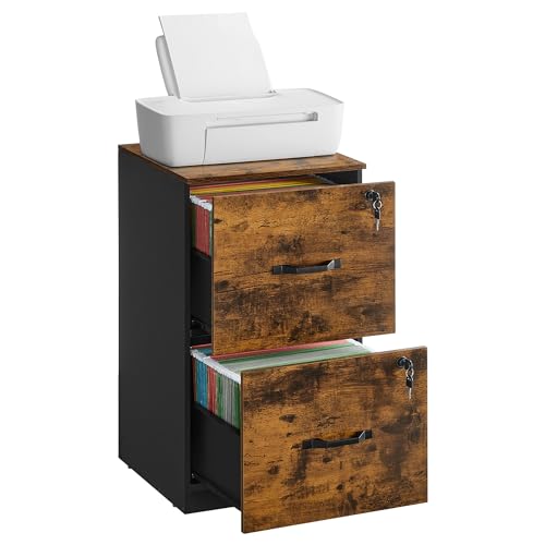VASAGLE 2 Drawers File Cabinet with Lock, Printer Stand, Office Filing Cabinet Organizer, for A4 and Letter Size Documents, Rustic Brown and Ink Black UOFC061B01