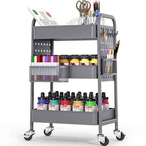 TOOLF Metal Rolling Storage Cart, 3-Tier Utility Mobile Cart with DIY Pegboards, Serving Trolley Cart with Baskets Hooks, for Kitchen, Bathroom, Office, Home, Classroom (Dark Grey)