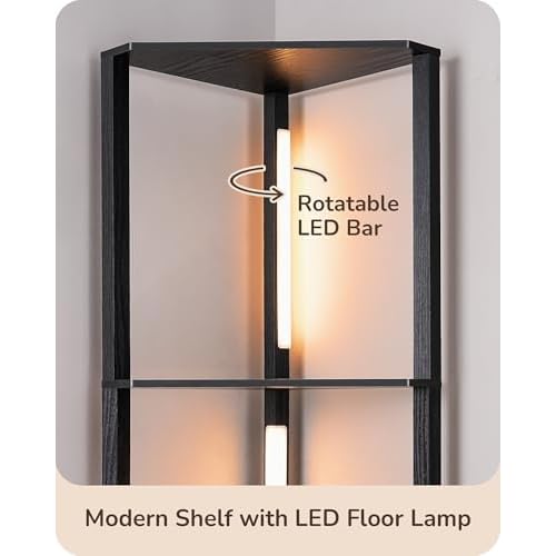 EDISHINE 64" Corner Display Shelf with Light, Modern Corner Floor Lamp with Shelves, 3CCT, Stepless Dimmable Standing Lamp for Living Room, Bedroom, Office, Dining Room, 3000K 4000K 5000K, Black