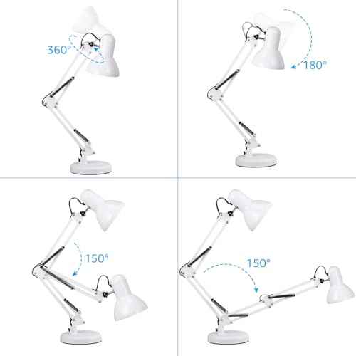 TORCHSTAR Metal Desk Lamp with Clamp, Swing Arm, Architect Adjustable Gooseneck Table Lamp, Clip Desk Lights for Home Office, Work, Study, Reading, E26 Base, Multi-Joint, White