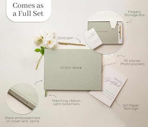 Real Linen Guest Book Set (Leaf) 11.5 x 8.5 with Embossed Cover, Sign Pen, 30 Photo Pockets, 120 Pages