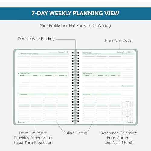 Planner Pad Spiral Bound January-December 2026/ Calendar Year 6 3/4" x 8 1/2" Medium 3-Tier Funnel Down 12 Month Organizer, Greenish Grey Cover/Soft Green Ink