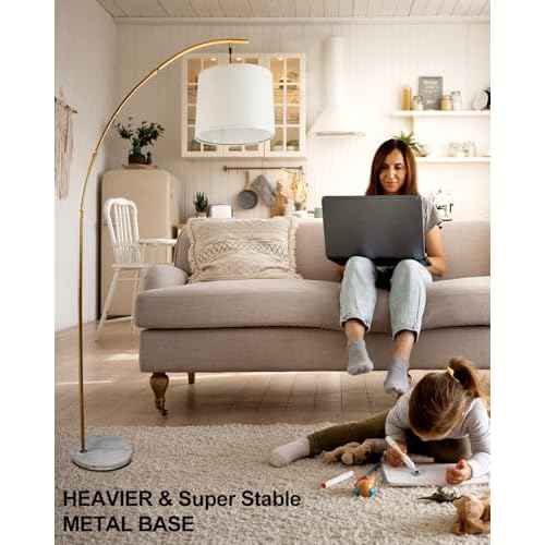 Lightdot Arc Floor Lamps for Living Room, Modern Standing Lamp with Hanging Drum Shade, Tall Standing Floor Lamp with Foot Switch, Over Couch Arched Reading Light for Bedroom, Office (Gold)