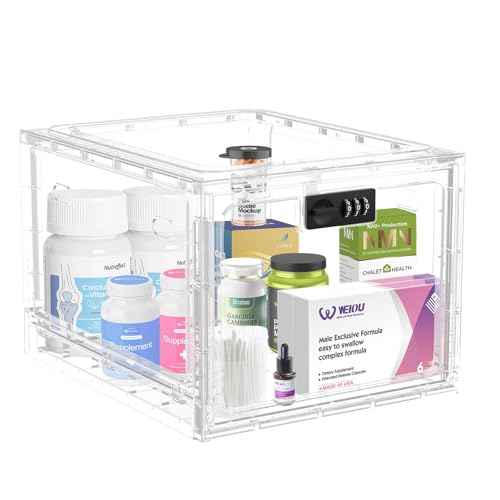 HOLYHY Medicine Lock Box for Safe Medication Storage, Large Refrigerator Lockable Storage Box for Kitchen Food Safe, Phone Jail iPad Tablet Lock Boxes for Kids Home/Office (Clear)