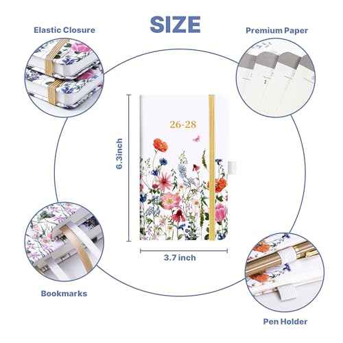 2026-2028 Pocket Calendar - Pocket Planner from Jan. 2026 to Dec. 2028, 3 Year Clendar Monthly Planner 2026-2028, 6.3" x 3.7", 60 Note Pages, Pen Holder, Pockets - Flowers