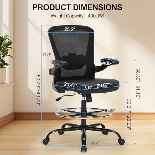 Bondesin Drafting Chair Tall Office Chair with PU Leather Seat, 400 lb Ergonomic Desk Stool with Lumbar Support, 360° Wheels
