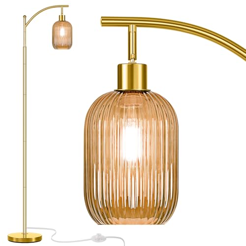 Glass Floor Lamp for Living Room, Modern Gold Standing Lamp with Ribbed Glass Lampshade Pedal Switch, 67¡± Tall Lamp for Bedroom Study Room