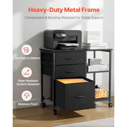 VEVOR Metal File Cabinet, Mobile Filing Cabinet with 3 Fabric Drawers and 2 Open Shelves, Wooden Vertical Filing Storage Cabinets with Wheels for Letter, A4, Legal Size File, Easy Assembly, Black