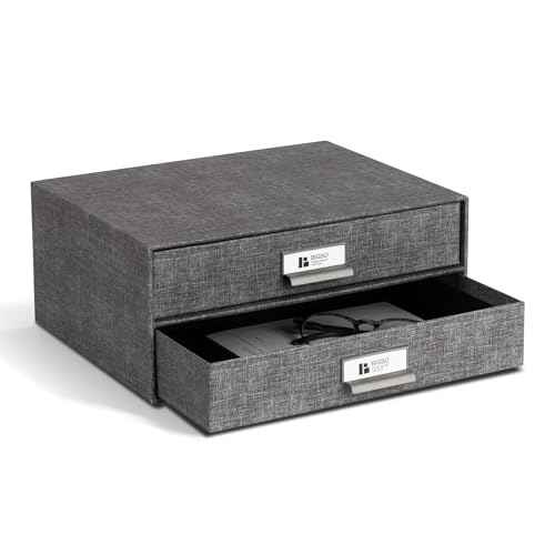 Bigso Birger 2-Drawer Canvas Fiberboard Easy Pull Handle Box - Desktop Drawers for A4 and Letter Size Papers - Desk Drawers with Metal Label Holder - 13.1in x 10in x 5.7in - Melange Grey