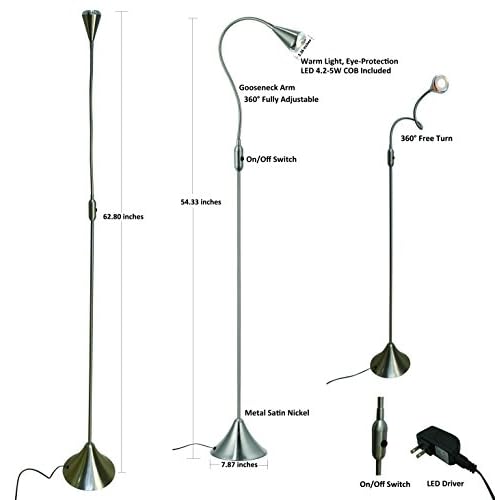 HomeFocus - LED Floor Lamp,Standing Lamp for Reading,Eye-Caring,Stepless Dimming,Floor Lamp for Living Room,Bedroom,LED 5W,Energy Efficient Super Bright (Satin Nickel)