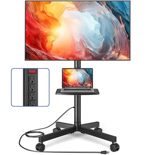 Rolling TV Stand with Power Outlet, Mobile TV Carts for 23-55 60 Inch TVs Curved/Flat Screen up to 88 lbs,Tilt Height Adjustable Portable TV Stand with wheels for Home Office,Max VESA 400x400mm
