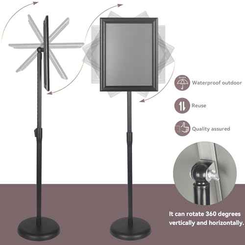 YDisplay Adjustable Sign Holder Stand with Base 11x17inches Aluminum Snap Open Frame Pedestal Sign Stand,Vertical and Horizontal View Sign Displayed, Round Base for Church Shool Office,Black
