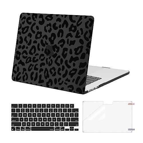 MOSISO Compatible with MacBook Air 15 inch Case 2025 2024 2023 Release M4 A3241 M3 A3114 M2 A2941 with Touch ID, Plastic Leopard Grain Hard Shell Case & Keyboard Cover & Screen Protector, Black