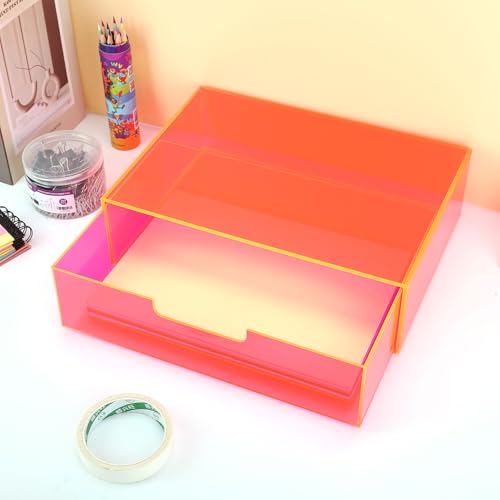 Gelite Acrylic Desk Organizer with Drawer for Makeup Vanity Stackable Desktop Storage Box for Office Supplies, 13.8 x 9.8 x 3.9¡¯¡¯, Neon Pink