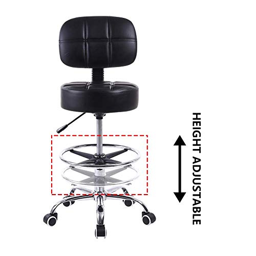 KKTONER Swivel Round Rolling Stool PU Leather with Adjustable Foot Rest Height Adjustable Task Work Drafting Chair with Back (Black)