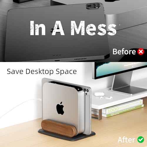 Mac mini Vertical Stand, Universal Aluminum & Wooden Desktop Holder for 2010-2024 M1/M2/M2 Pro/M4/M4 Pro, Cooling & Space-Saving Design