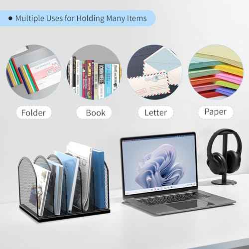 5-Section Vertical Desktop Organizer, 5-Section Mesh File Folder Stand Sorter for Office Home Classroom Organization (1, Black)