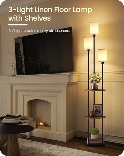 GOEBLESON Rustic Brown Beige 70.9-inch Floor Lamp with Shelves & Linen Shades