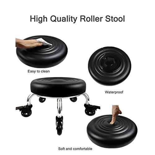 Rolling Stools with Wheels Heavy Duty 450LB VAPAA TAIDE Waterproof PU Leather High Weight Capacity Roller Seat and Crystal Universal Wheels for Men Women Boy Girl Garage Salon Home Office Black