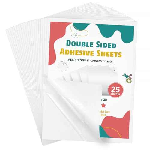25 Sheets Clear Double Sided Adhesive Tape - Heavy Duty Sticky Crafts Tape Sheets for DIY Art, Tumbler Wrapping, Home Decoration, Scrapbooking (Strong & Removable)