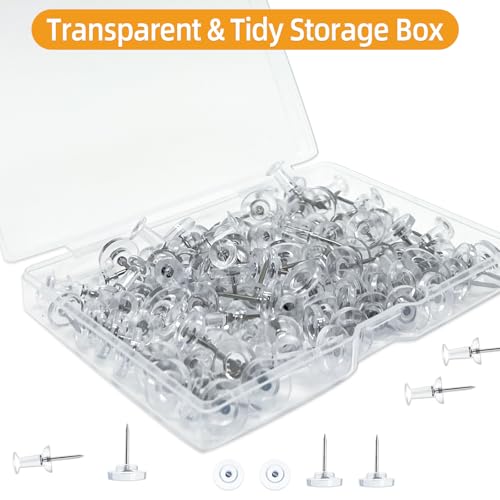 100-Pack Clear Push Pins & Flat-Head Tacks with Storage Box for Cork Boards – Office & Classroom