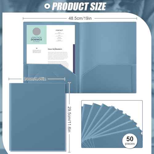 Gueevin 50 Pcs Plastic Folders with Pockets, Back to School Two Pocket Folder Fit Letter Size, Heavy Duty School Business Card Holder for Home Office, 11. 61 x 9. 45 Inches (Blue Gray)