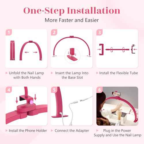 Yokilly Half Moon Light for Nail Desk: 29" Foldable Half Moon Desk Lamp with Phone Holder for Beginner - Arch Nail Tech Light with 3 Color Modes & 10 Brightness for Manicure Salon (Rose Red, Large)