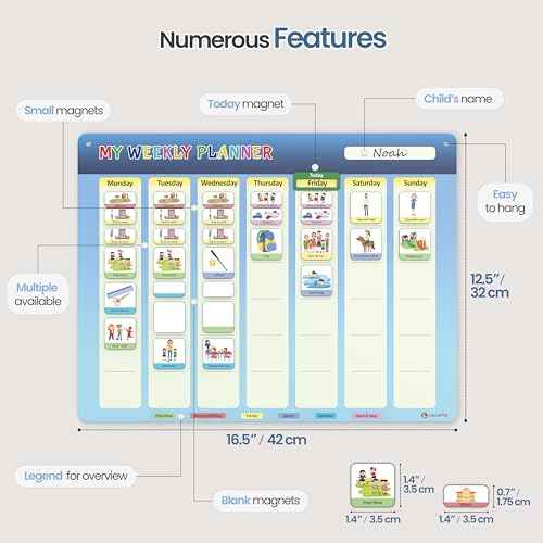 LIKARTO¢ç Weekly Planner for Children - Montessori Magnetic Board incl 194 Magnets & Cord - Fully Writable & Wipeable - Encourages Independence