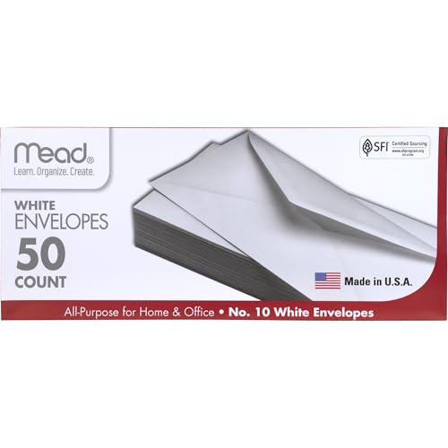Mead #10 Envelopes Pack of 50 - Letter Size White Gummed Closure Office & Home Mail