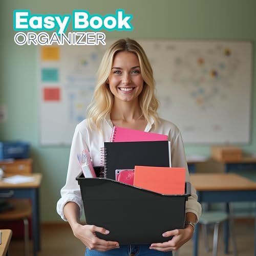 4E's Novelty 6 Durable Book and Binder Holder, Files Book Bins for Classroom, Plastic Vertical Storage Book Organizer Folder Office Classroom Organization Containers Supplies (Black)