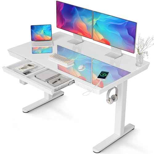 Claiks Glass Standing Desk with Drawers, 48¡¿24 Inch Adjustable Stand Up Desk, Quick Install Home Office Computer Desk with USB Ports, White