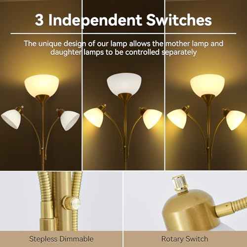 Floor Lamps for Living Room,Standing Lamp with Stepless Dimming, 3 Lights Adjustable Reading Lights, Morden Tall Lamps for Living Room, Bedroom, Office, Gold