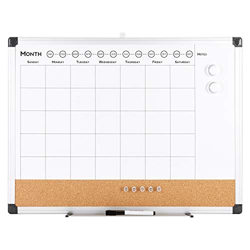 VUSIGN Monthly Calendar Whiteboard Dry Erase Cork Board Combo, 24" x 36" Planning Board, Silver Aluminium Frame