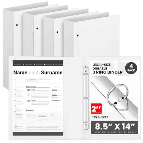 Henoyso 4 Pcs Legal Size Binder 3 Ring 2" Durable White Binders for 8.5" x 14" Paper Hold up to 375 Sheets for Documents Artwork Blueprints, Office, Home, Work Places