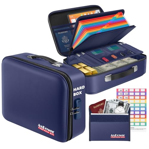 Fireproof Document Storage Box Hard Case With Lock, Multi-Layer Fire Proof Water Resistant Safe Box File Organizer Bag With Small Money Bag for Important Documents Passport Certificates Laptop (Blue)