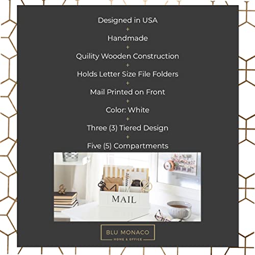 BLU MONACO White Wooden Mail Organizer ? 3-Tier White Desk Organizer ? Rustic Country Mail Sorter for Kitchen Countertop or Office Use